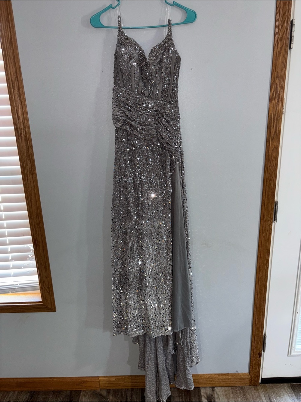 Silver Sequin Draped Evening Dress